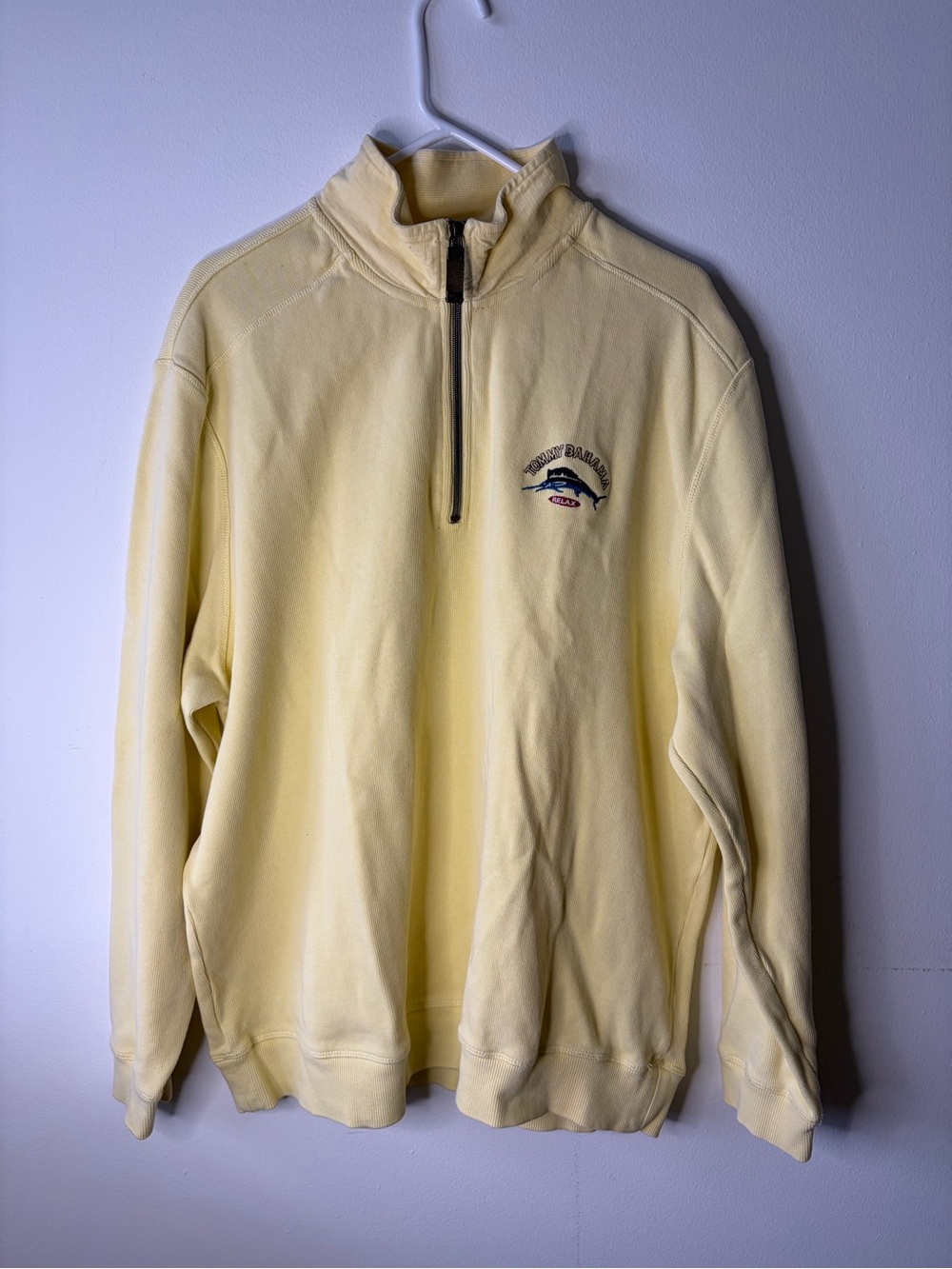 Tommy Bahama Mens XL Butter Yellow Relax Embroidered Marlin 1/4 Zip Pullover